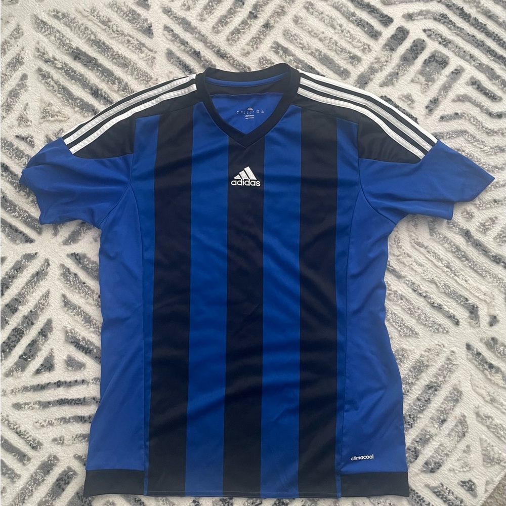 Adidas Blue Black striped Climacool soccer jersey Sz L